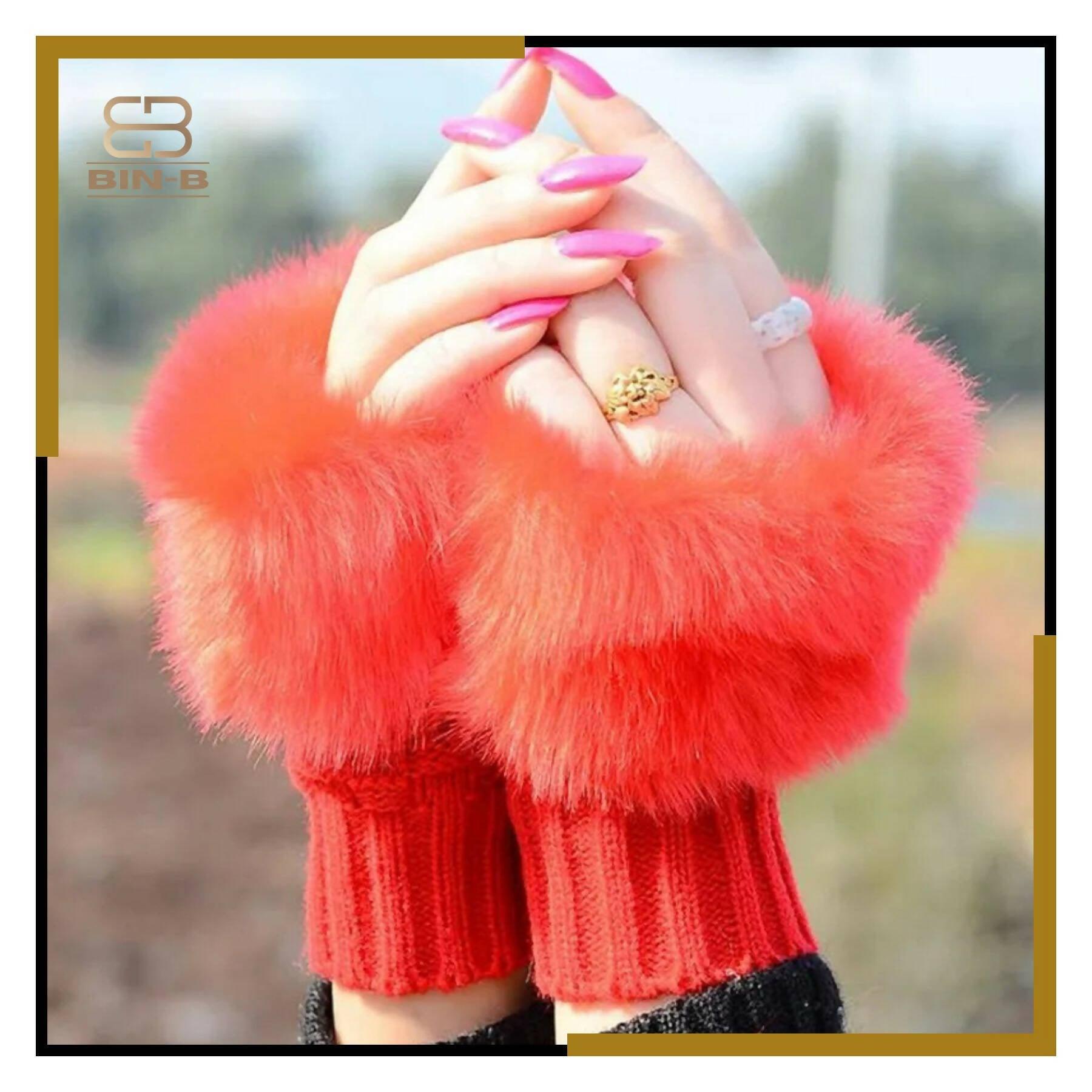 Fashion Women Faux Rebbit Fur Hand Wrist Warmer Winter Fingerless Knitted Gloves - ValueBox