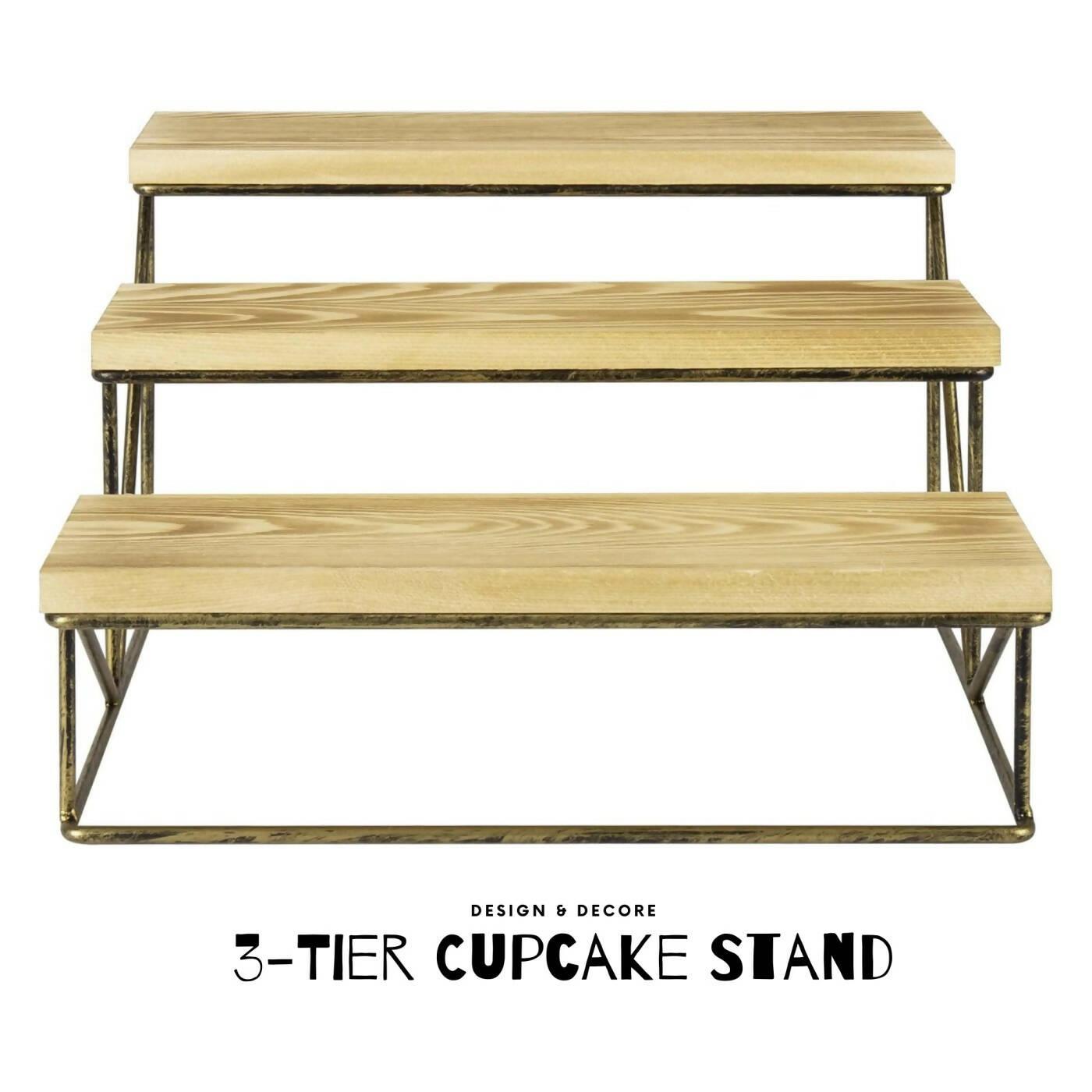 3-Tier Cupcake Stand, Countertop Dessert and Appetizer Riser Display Stand With Brown Wood and Metal and Cascading Design - ValueBox