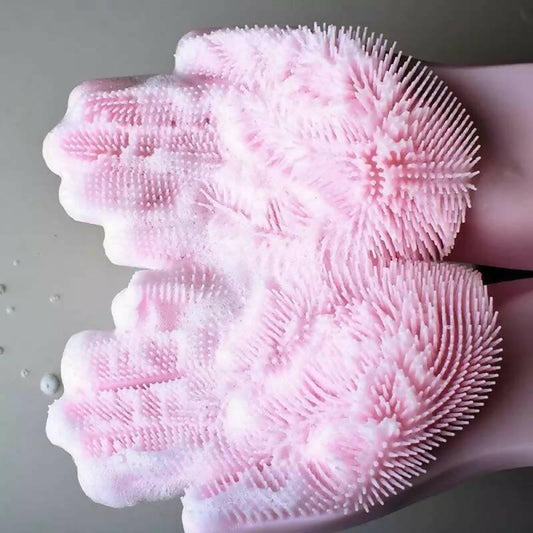 2 PC Magic Dish washing Gloves with scrubber, Silicone Cleaning Reusable (1 Pair: Right + Left Hand)
