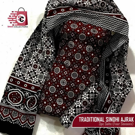 Unstitched Traditional Sindhi Ajrak Dress 3pc - ValueBox