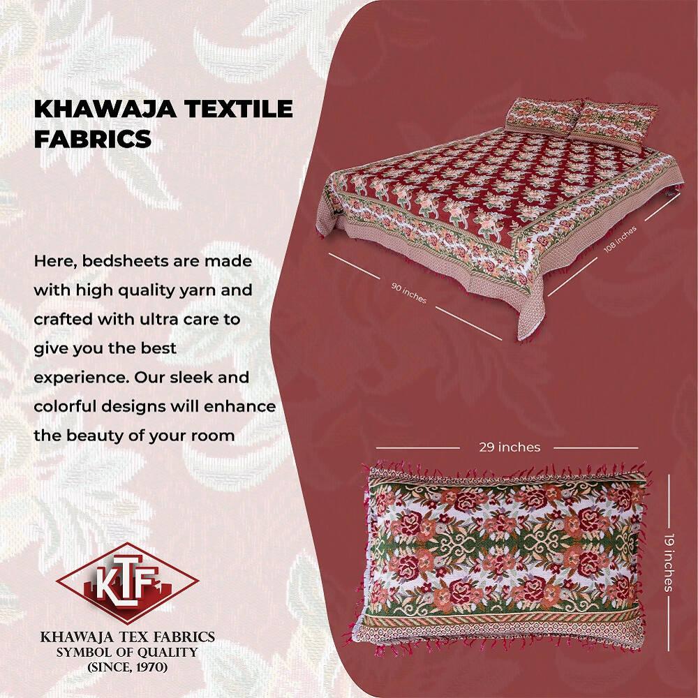 Khawaja King size double bed sheet jacquard traditional hand crafted bed set gultex style multani cotton polyester bed cover with 2 pillow covers A12 - ValueBox