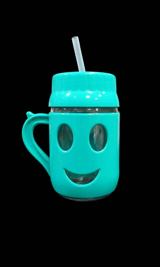 2 Pcs Cute Smile Face Glass Straw Mug 500ml (*L2.9,*W4.0,*H6.0)Inches