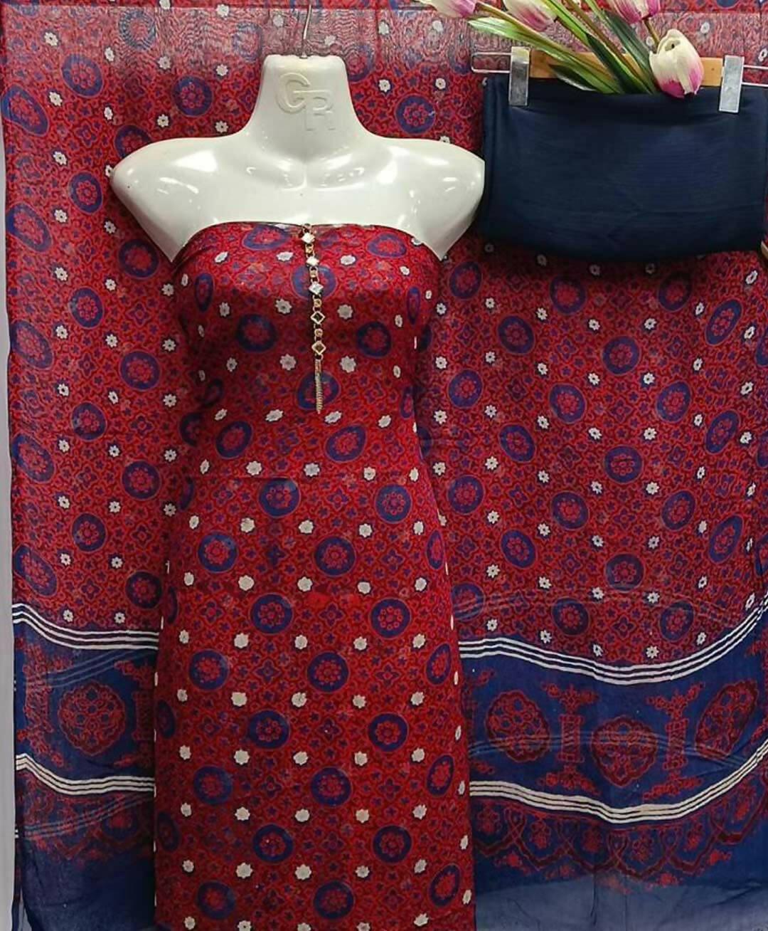 3 PC Unstitched Chiffon Shirt & Dupatta With Grip Trouser - ValueBox