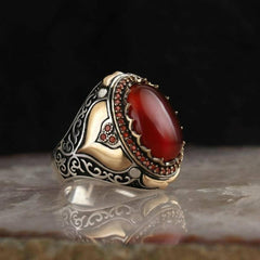 New Vintage Turkish Ring For Men with Red Maroon Oval Stone - ValueBox