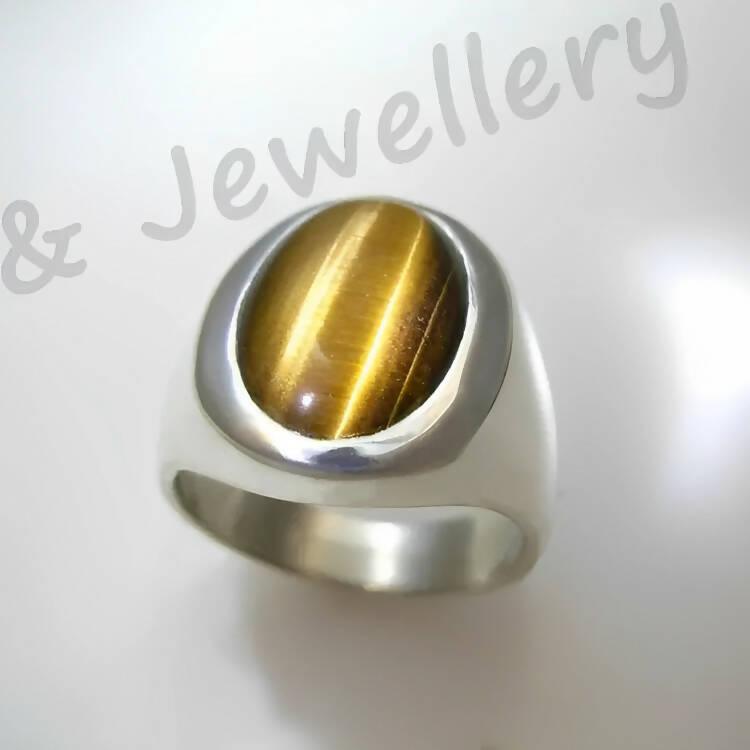 Mens Heavy Oval Tiger Eye Ring in Sterling Silver - ValueBox