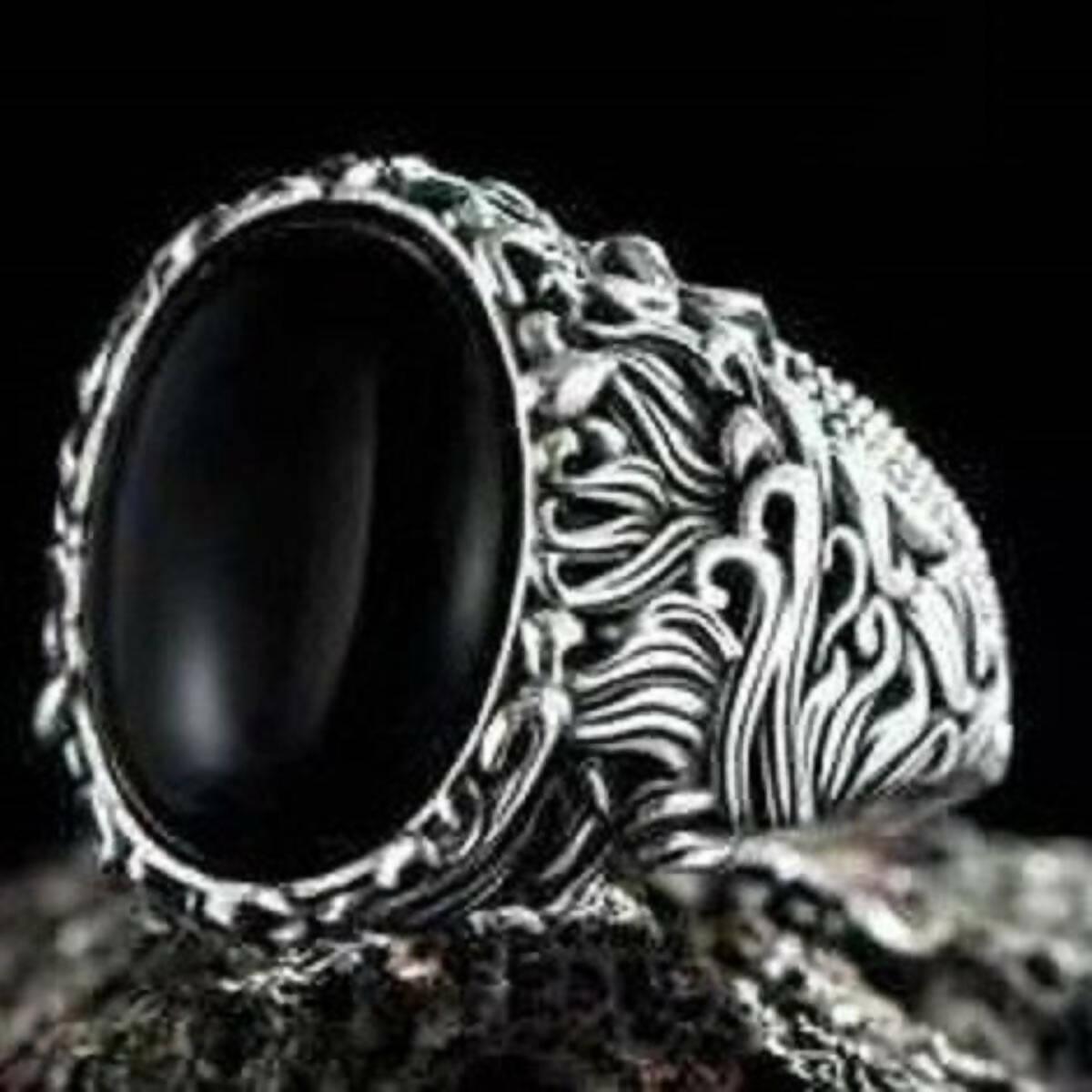 Black Stone Vintage Carving Pattern Turkish Ring for Men - ValueBox