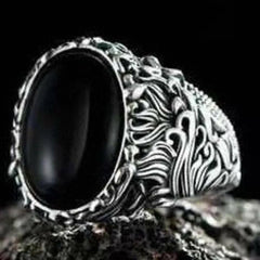 Black Stone Vintage Carving Pattern Turkish Ring for Men - ValueBox