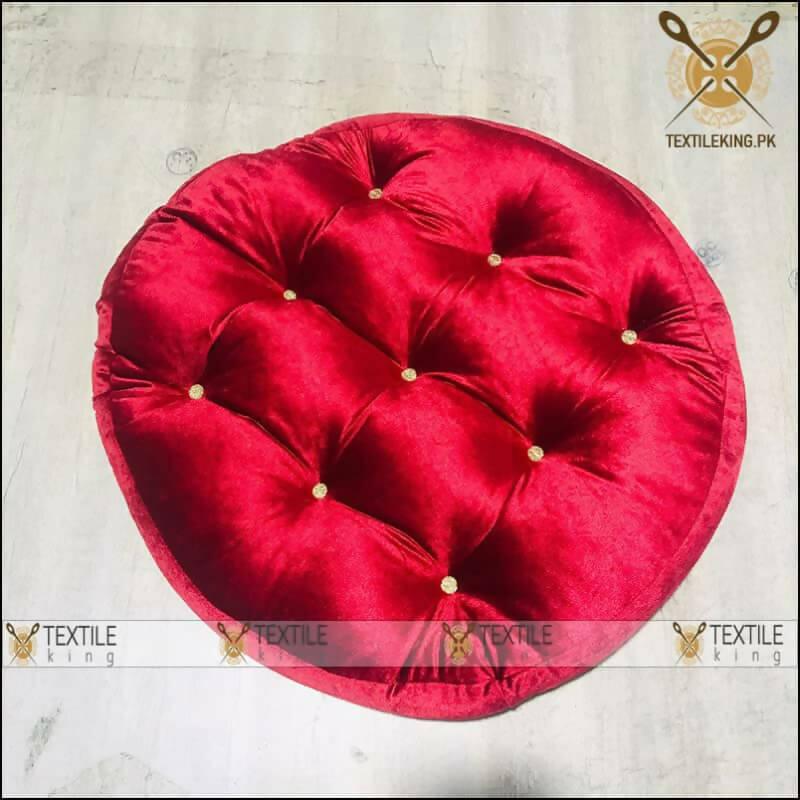 Velvet Round Floor Cushion-Ball Fiber Filled_1 Pair=2pcs Maroon - ValueBox