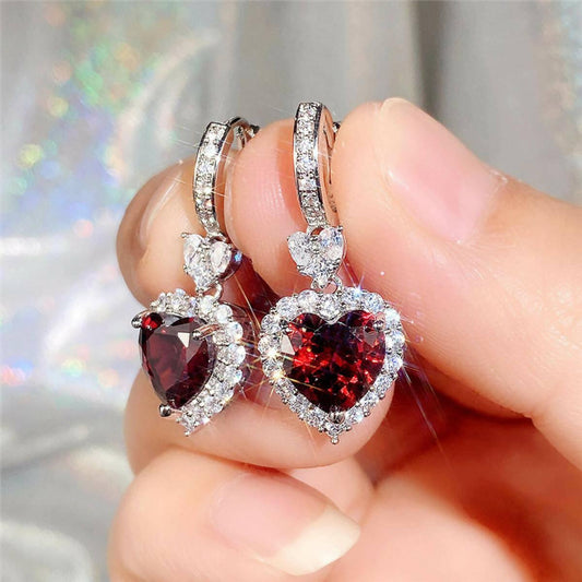 Red Garnet Heart Cubic Zirconia Wedding Earrings