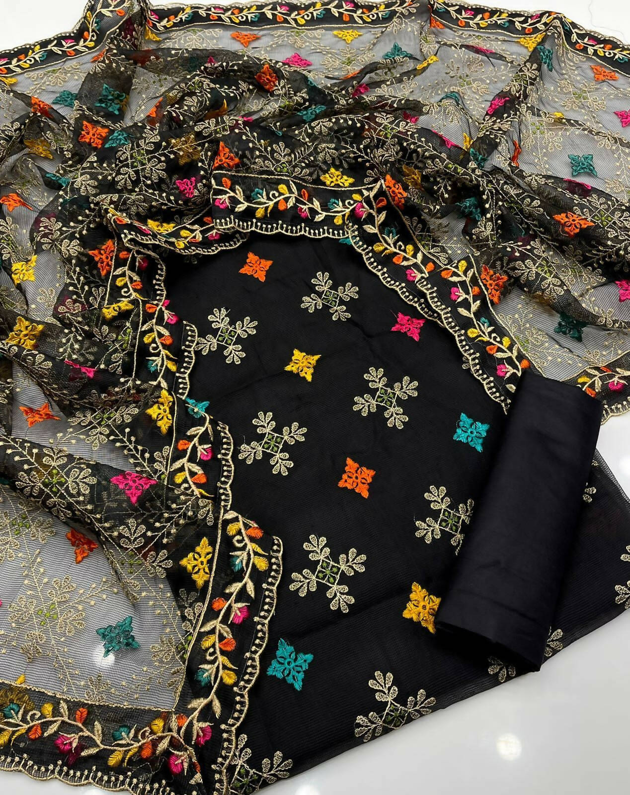 3pc dress khadi net Shirt khadi net embroidered Dupata khadi net embroidered Trouser kathaan silk plain Trouser grip plain 