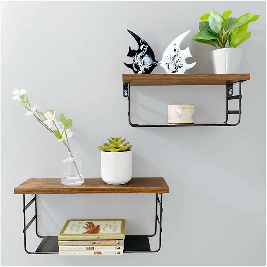 2 Tier Wall Mounted Shelf, one Wall Floating Shelves With Black Metal for Bedroom - ValueBox