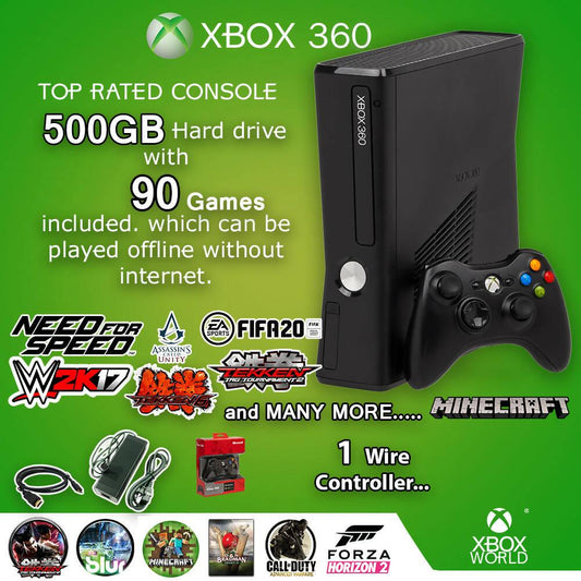 Xbox 360 Console Slim Model 500gb Jtag 90 Games included 1 Wire Controllers - ValueBox