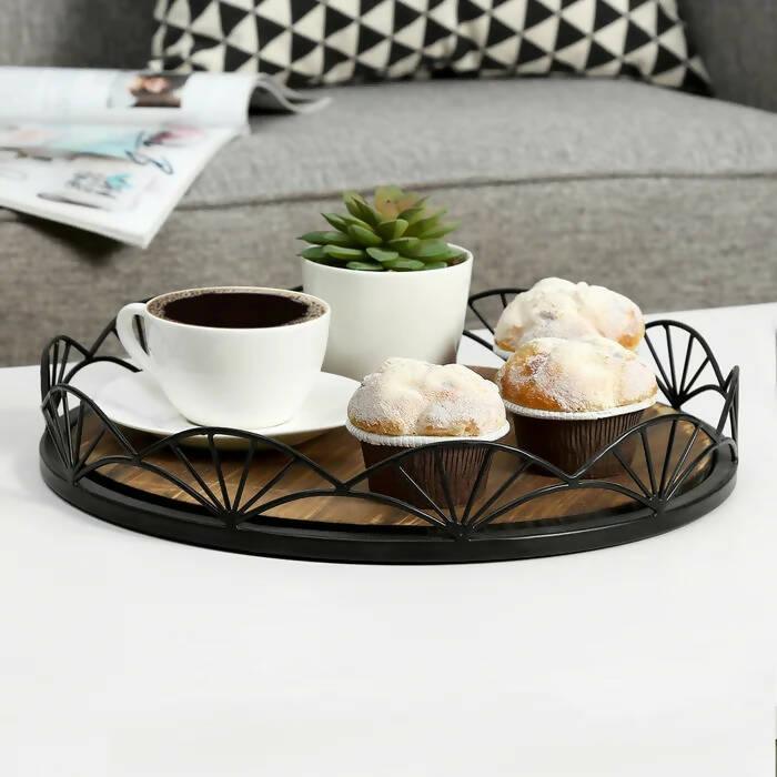 12-Inch Round Wooden Decorative Serving Tray Vanity Tray, Round Tray Vintage, Serving Coffee, Tea, Cocktails, Desserts, Appetizers, Wooden Sheet Round Decorative Round Serving Tray With Decorative Black Metal by Design & Decore - ValueBox