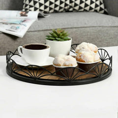 12-Inch Round Wooden Decorative Serving Tray Vanity Tray, Round Tray Vintage, Serving Coffee, Tea, Cocktails, Desserts, Appetizers, Wooden Sheet Round Decorative Round Serving Tray With Decorative Black Metal by Design & Decore - ValueBox