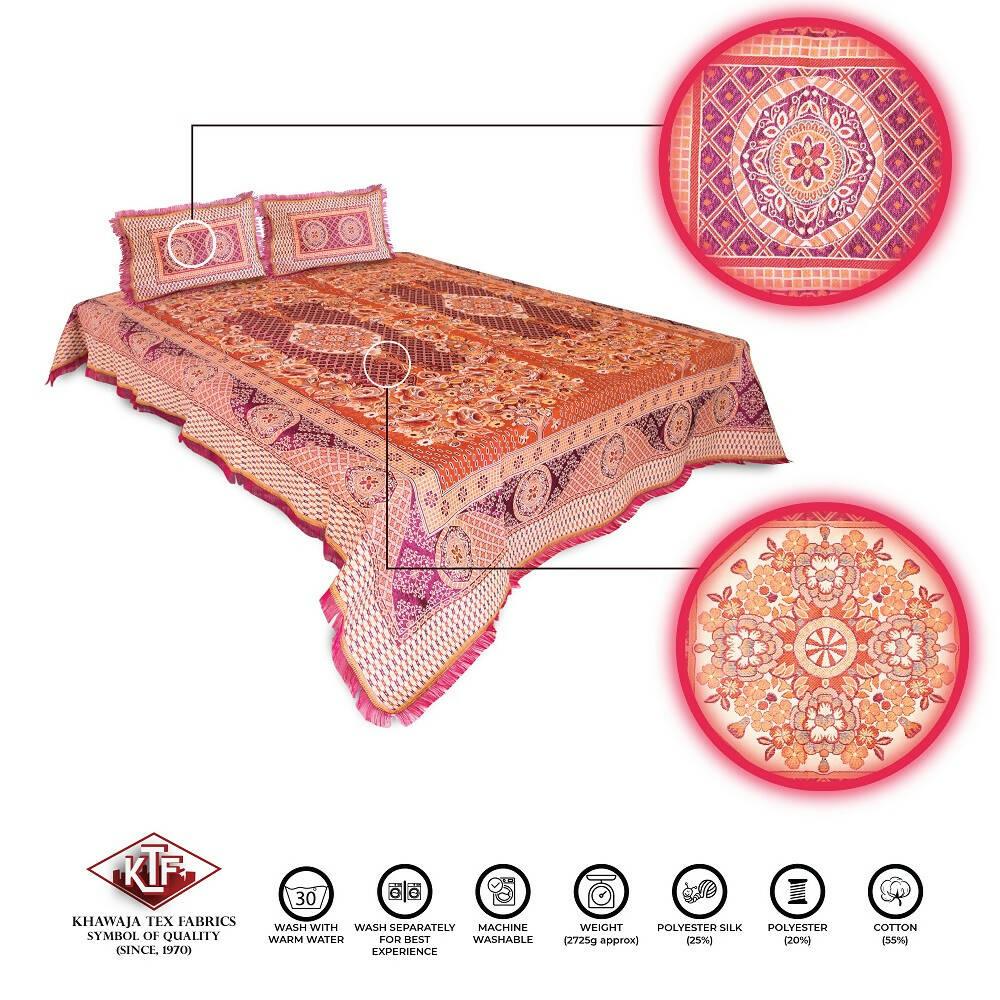 Khawaja King size double bed sheet jacquard traditional hand crafted bed set gultex style multani cotton polyester bed cover with 2 pillow covers A17 - ValueBox