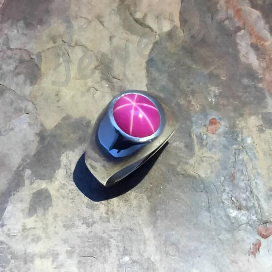Men's Sterling Silver classic "Gypsy" style Ring with Lab Natural Pink Star Ruby - ValueBox