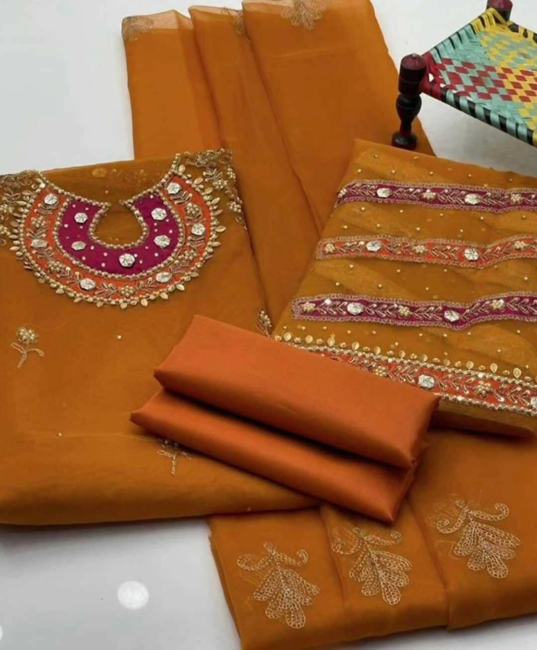 3 PC Handmade Organza Embroidered Shirt & Dupatta With Khatan Trouser - ValueBox