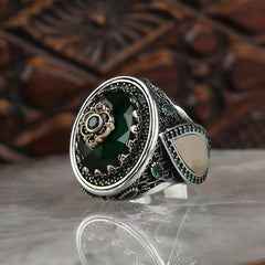 Green Stone Vintage Hand Engraved Pattern Turkish Signet Ring for Men - ValueBox