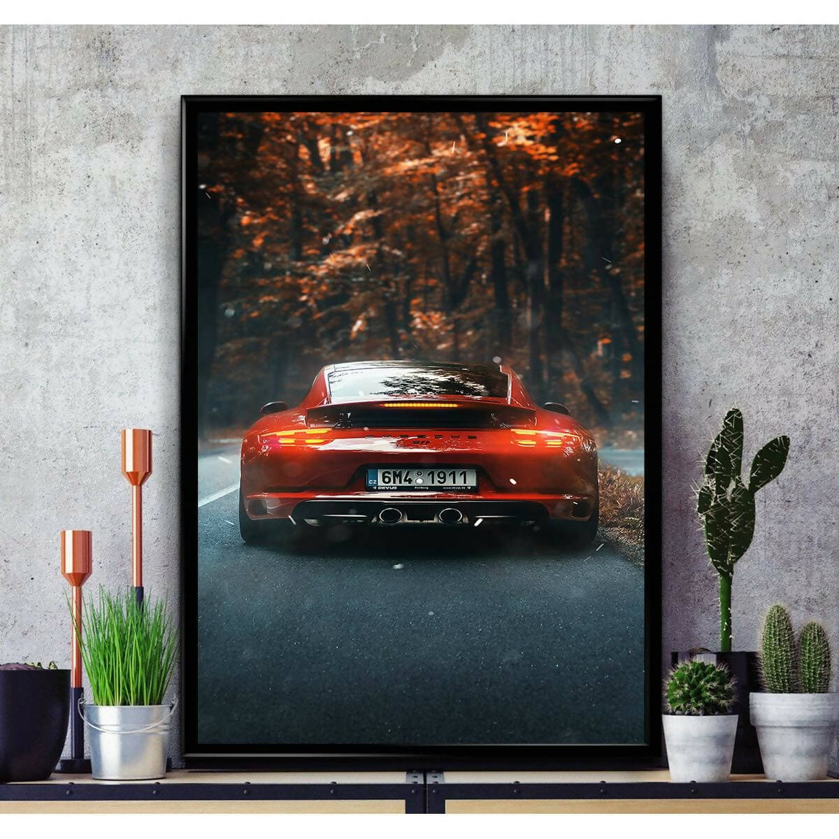 Porsche Car Poster Wall Hanging Glass Photo Frame in Premium Glossy Photo Paper A4 8x12” size for Home Decor and Decoration Accessories