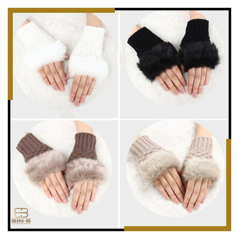 Fashion Women Faux Rebbit Fur Hand Wrist Warmer Winter Fingerless Knitted Gloves - ValueBox