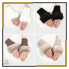 Fashion Women Faux Rebbit Fur Hand Wrist Warmer Winter Fingerless Knitted Gloves