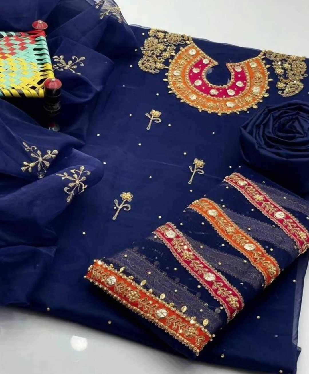 3 PC Handmade Organza Embroidered Shirt & Dupatta With Khatan Trouser - ValueBox