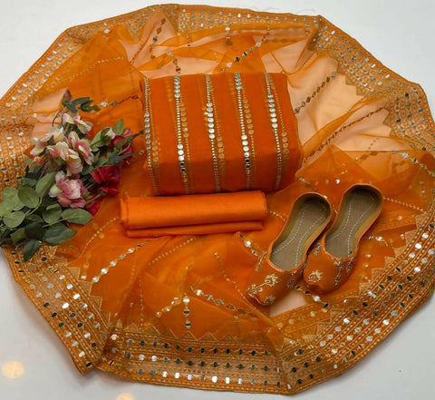 3 PC Unstitched Organza Shirt & Tissue Dupatta With kataan Trouser - ValueBox