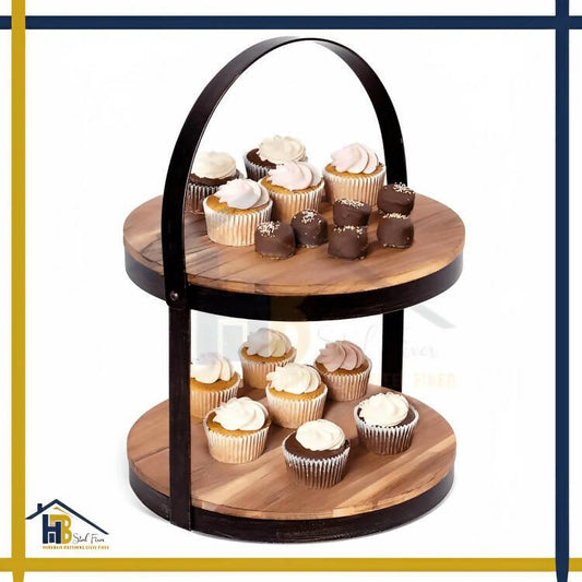 badgeHB Customize One Piece Wood Iron Dessert Serving Tray, 2-Tier Cupcake and Cake Stand With Handle Farmhouse Dessert Stand Modern Party Tiered Server Table Kitchen Home Display Round