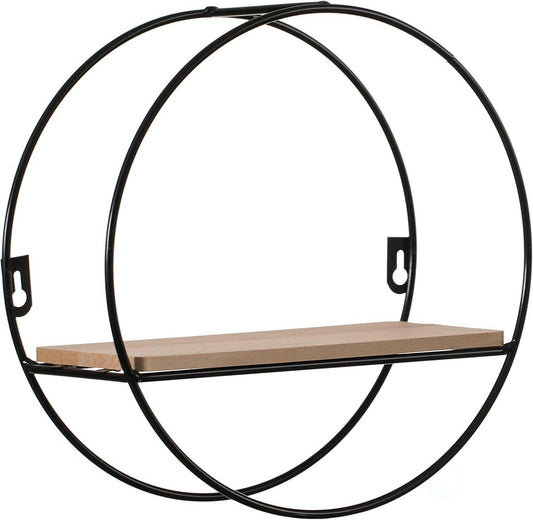 Decorative Modern Round Accent Floating Shelf Circle Decor Display Wall Mounted Rack With Metal Frame and Pine Wood Shelf, Black - ValueBox