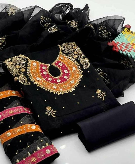 3 PC Handmade Organza Embroidered Shirt & Dupatta With Khatan Trouser