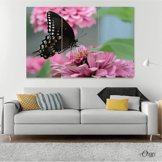 Butterfly In Pink Flowers (3 Panels) | Nature Wall Art - ValueBox