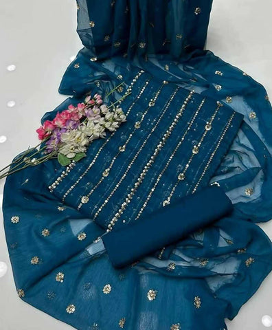 3 PC Unstitched Chiffon Shirt & Dupatta With Kathaan Trouser - ValueBox