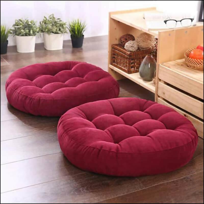 Velvet Round Floor Cushion-Ball Fiber Filled_1 Pair=2pcs Maroon