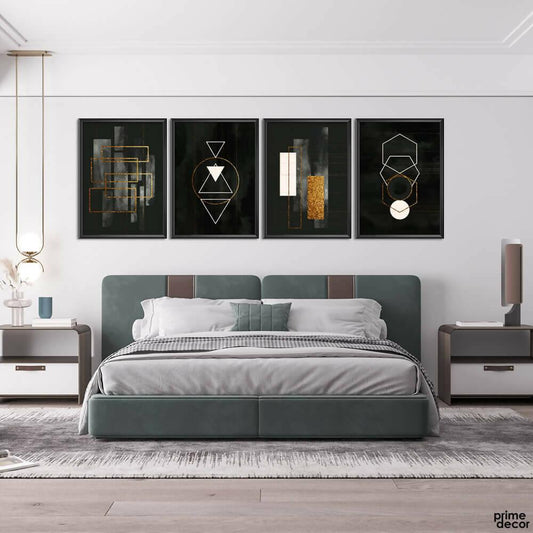 Gold & White Abstract On Black Background (4 Panel) Digital Wall Art