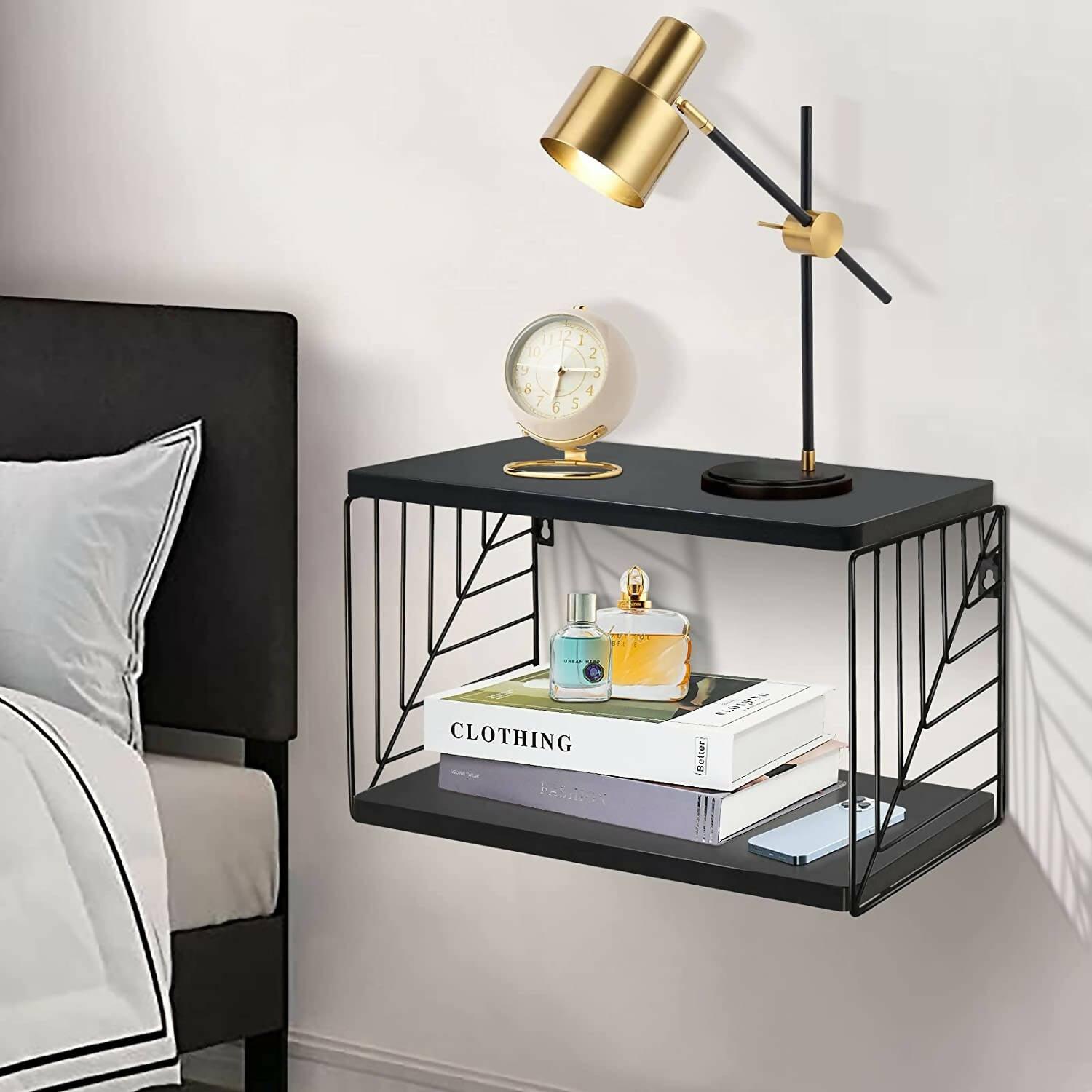Night Stand Unistyle Floating- Modern Black Wall Mounted Nightstand 2 Tier Floating Wall Shelf Floating Shelves - ValueBox