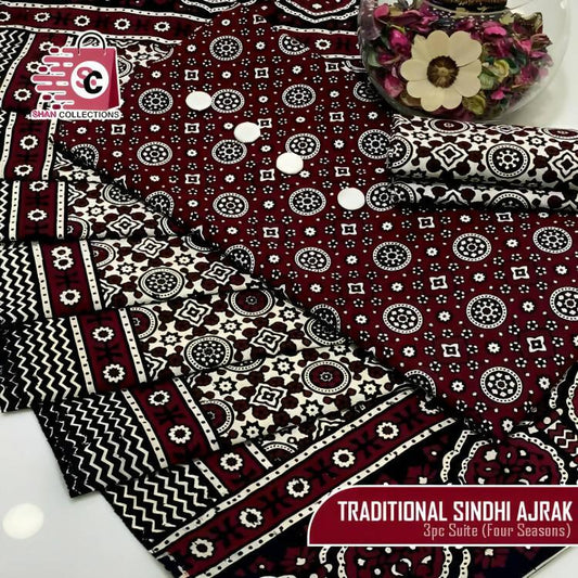 Unstitched Traditional Sindhi Ajrak Dress 3pc - ValueBox
