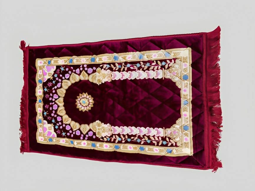 Premium Prayer Mat |Maroon Velvet Foam Print Embossed Jai Namaz | Prayer Rug - ValueBox