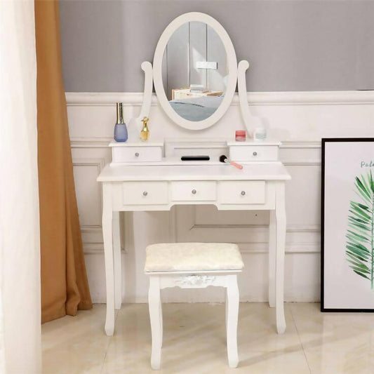 Dressing Table with Light Bulb Single Mirror 5 Drawer Dressing Table White - ValueBox
