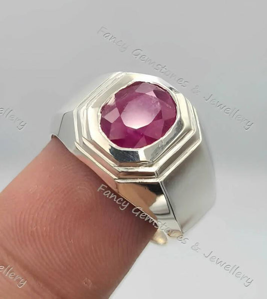 Mens Ruby Ring Unheated and Untreated Natural Ruby Stone Rubis Bague Easter gifts for men zodiac jewelry gift pinkish ruby stone mens ring - ValueBox