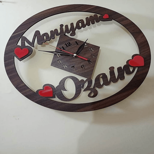 Personalized Couple Name Wooden Wall Clock - 3D Design Wooden Wall Clock, Self Adhesive 16 Inches - ValueBox