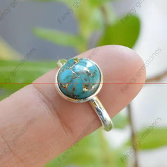 Blue Copper Turquoise Ring - Blue Copper 10 mm Round Gemstone Silver Ring - Handmade Ring - Sterling Silver - ValueBox