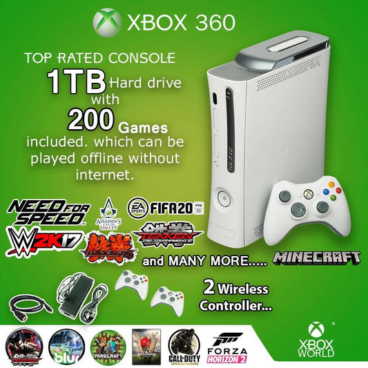 Xbox 360 Console Pre Jasper 1000gb 200 Games installed Jailbreak || 2 wireless Controllers - ValueBox
