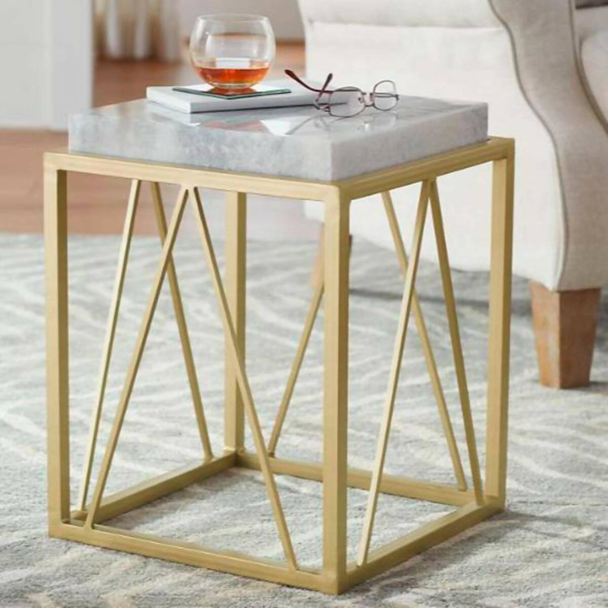 Decore To Adore Customize One Piece Julia 15 1/2″ Wide Gold Accent Gold Metal and White Wood Top Table Contemporary Farmhouse Decor - ValueBox