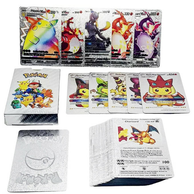 55 PCS Silver Foil Rare Cards Packs Set Deck Box Including Assorted Latest Vmax GX EX DX V Cards Silver Toy