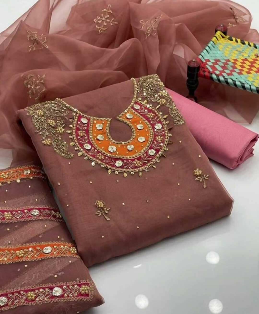 3 PC Handmade Organza Embroidered Shirt & Dupatta With Khatan Trouser - ValueBox