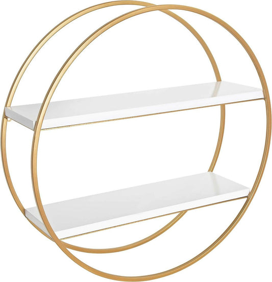 Modern Round Wall Shelf, 19.5″ Diameter, White and Gold, Contemporary Glam 2-Tier Floating Shelf Décor Customized by Creative Decore - ValueBox