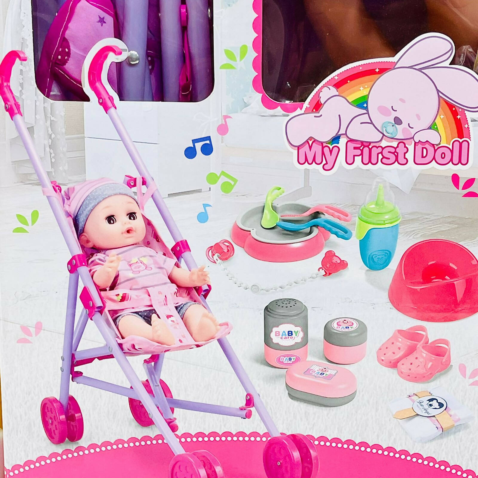 Pretend Doll With Stroller And Accessories
