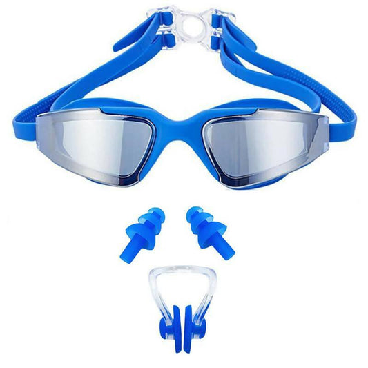 Set of 2 - Swimming Glasses Anti-fog UV Protection & Nose Clip Ear Plug Set with Protective Case