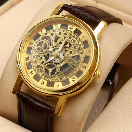Skeleton Watch For Use Casual Gold Brown Leather Stylish Straps For Man