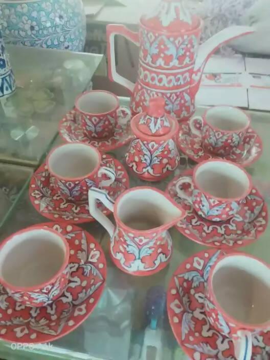 Hand Made Blue Pottery Pink Tea Cup Set 15 pcs